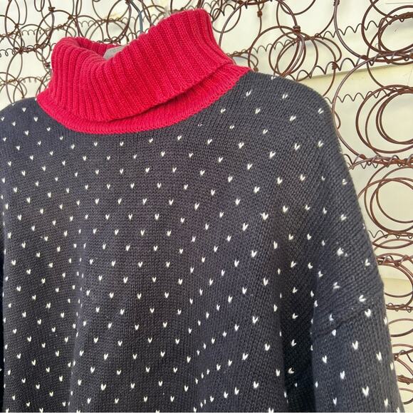Vintage 90s Red Black Snowflake Christmas Fair Isle Turtleneck Tunic Sweater - Picture 2 of 6